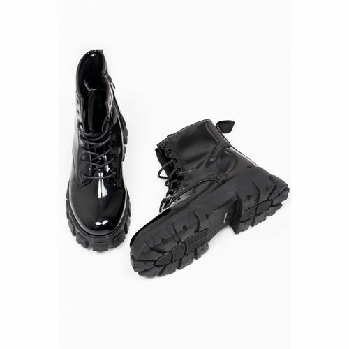 Lace Up Chunky Patent Ankle Boots in Black